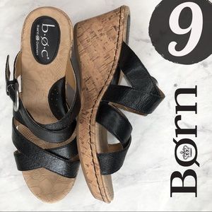 Born Black Leather Strappy Cork Wedge Sandal 9